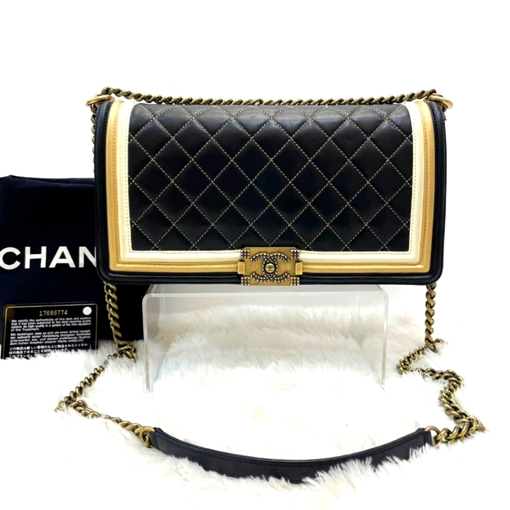Auth Limited Chanel Boy Lambskin Tricolor